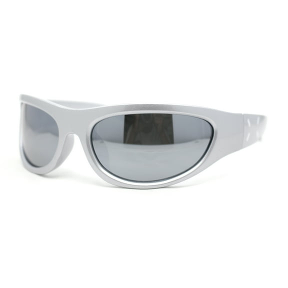 Classic 90s Style Sport Oval Round Plastic Sunglasses All Silver Mirror