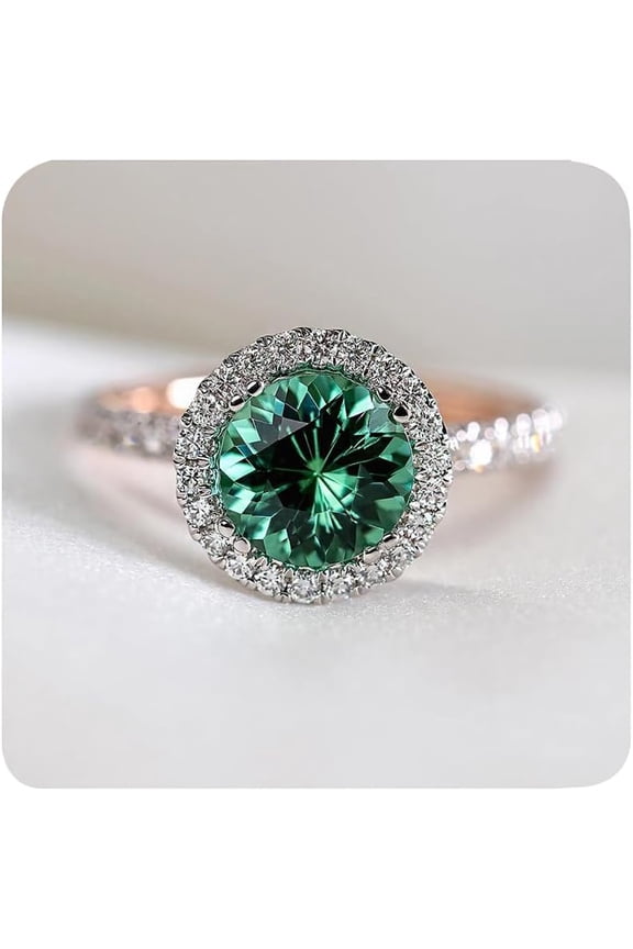 Classic 925 Sterling Silver 18K Rose Gold Natural Emerald Ring Round Cut Cubic Zirconia Promise Rings CZ Classical Eternity Engagement Wedding Band Ring for Women Two-Tone Ring(9#)