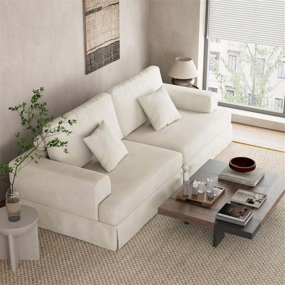 Classic 94 Inch White Skirted Sofa with Armrest for Living Room