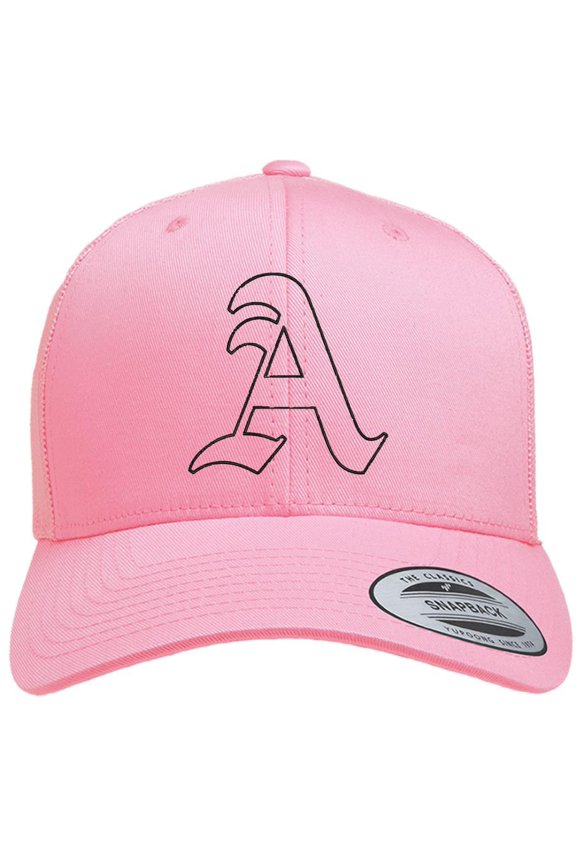 Classic A Letter Embroidered Trucker Hat | Old English Alphabet Adjustable Snapback Unisex Casual Meshback Cap (Pink)