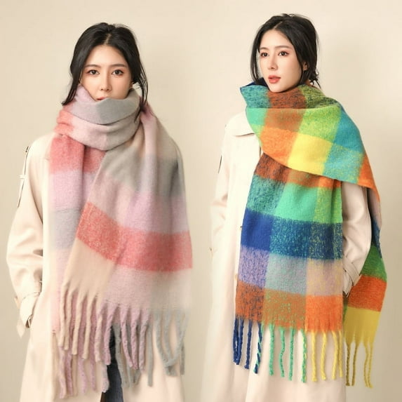 Classic AC with rainbow loop yarn check scarf fashion everything simple scarf thickened bib scarf fog blue
