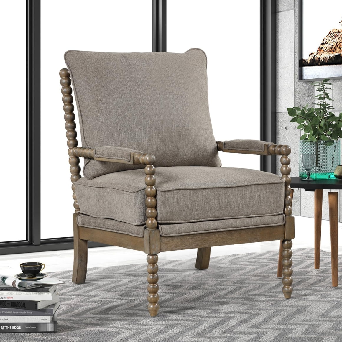 Classic Accent Chair with GourdShaped Wood Frame and Soft Cushion