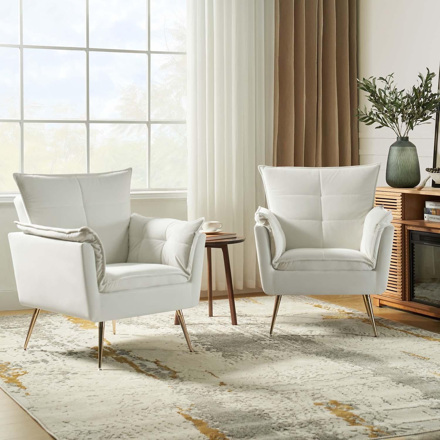 Ivory Velvet Tufted Accent Armchair Set with Gold Legs