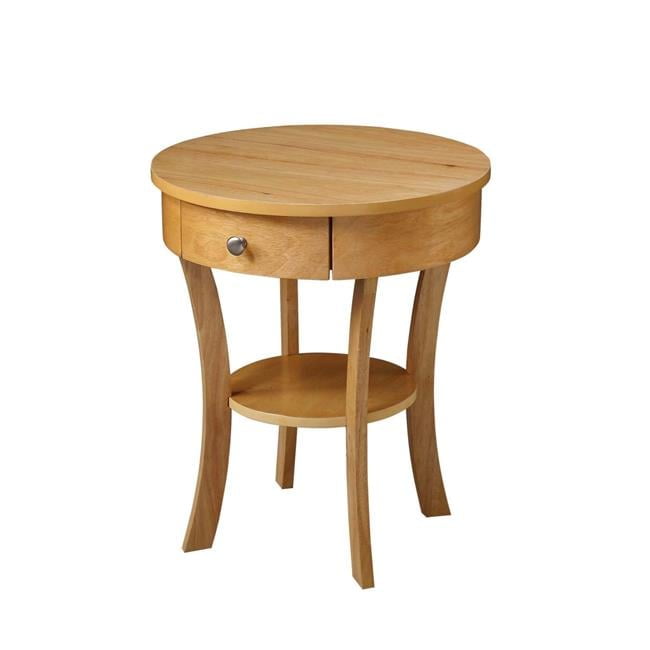 Natural Round Wood End Table with Storage Drawer