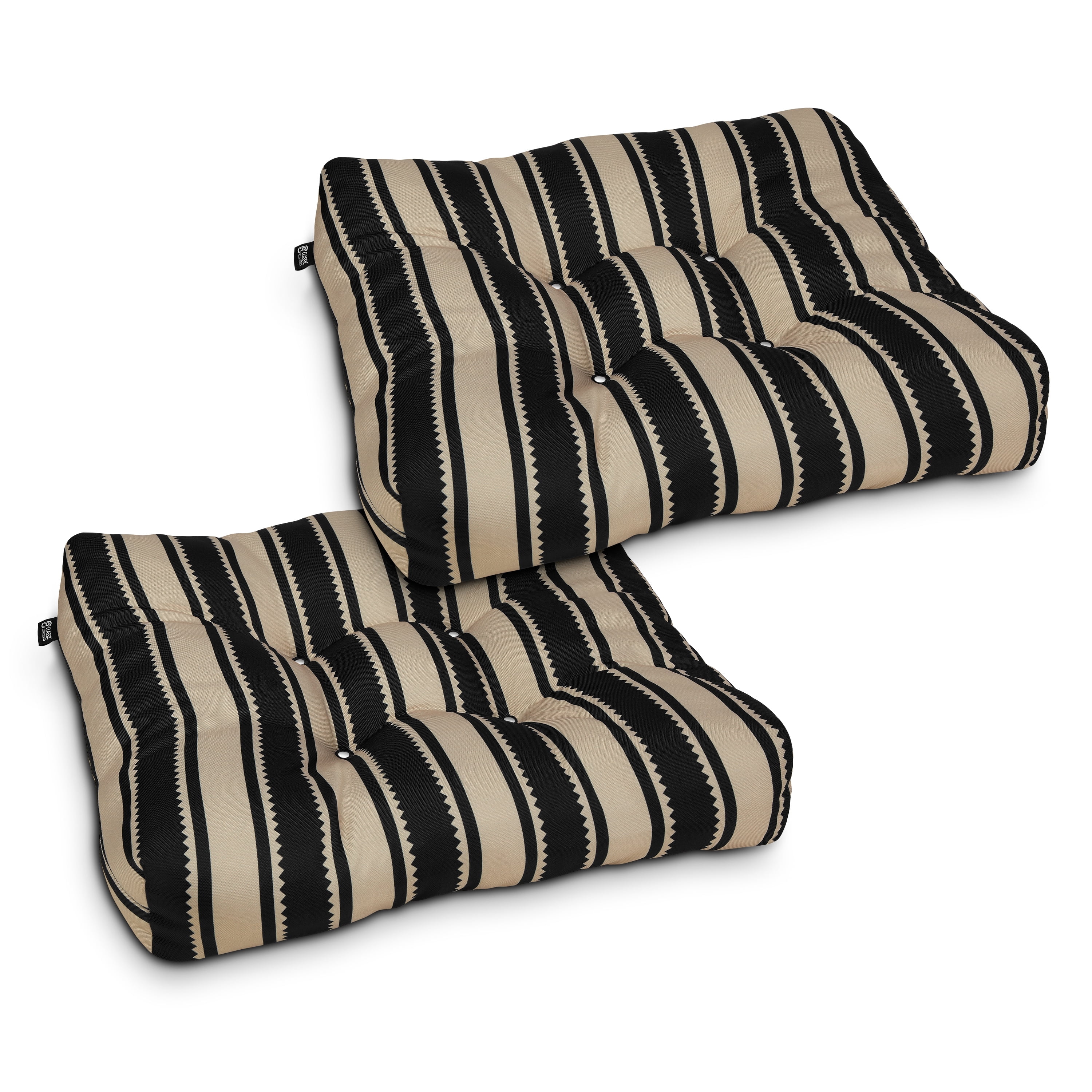 Classic Accessories Water-Resistant Square Patio Seat Cushions, 19 x 19 x 5 Inch, 2 Pack, Black Sedona Stripe