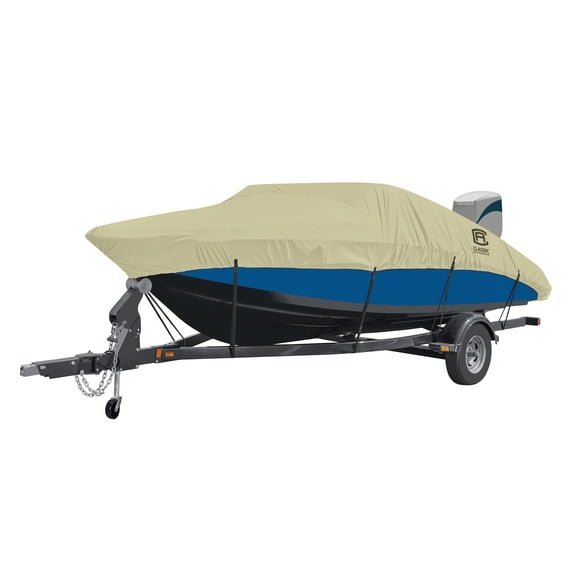 Classic Accessories DryGuard™ Waterproof Boat Cover, Fits Boats 20' - 22' L x 106" W, Trailerable Boat Cover with Bow, Windshield and Stern Reinforcement Panels, Model E