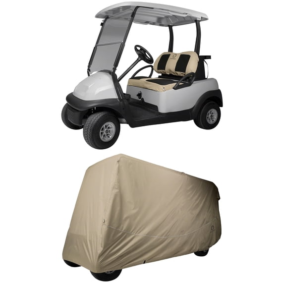 Classic Accessories Fairway Golf Car Storage Cover, 6 Passenger, Khaki with Three Neoprene Seat Cover Sets Bundle
