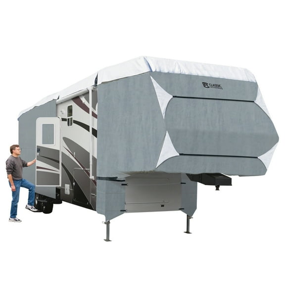 Classic Accessories OverDrive PolyPRO 3 Deluxe 5th Wheel Cover or Toy Hauler Cover, Fits 33' - 37' RVs - Max Weather Protection with 3-Ply Poly Fabric Roof RV Cover