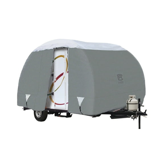 Classic Accessories OverDrive PolyPRO™ 3 Deluxe R-Pod Travel Trailer Cover, Fits up to 18' 8" long Trailers - Max Weather Protection with 3-Ply Poly Fabric Roof RV Cover, Grey/Snow White