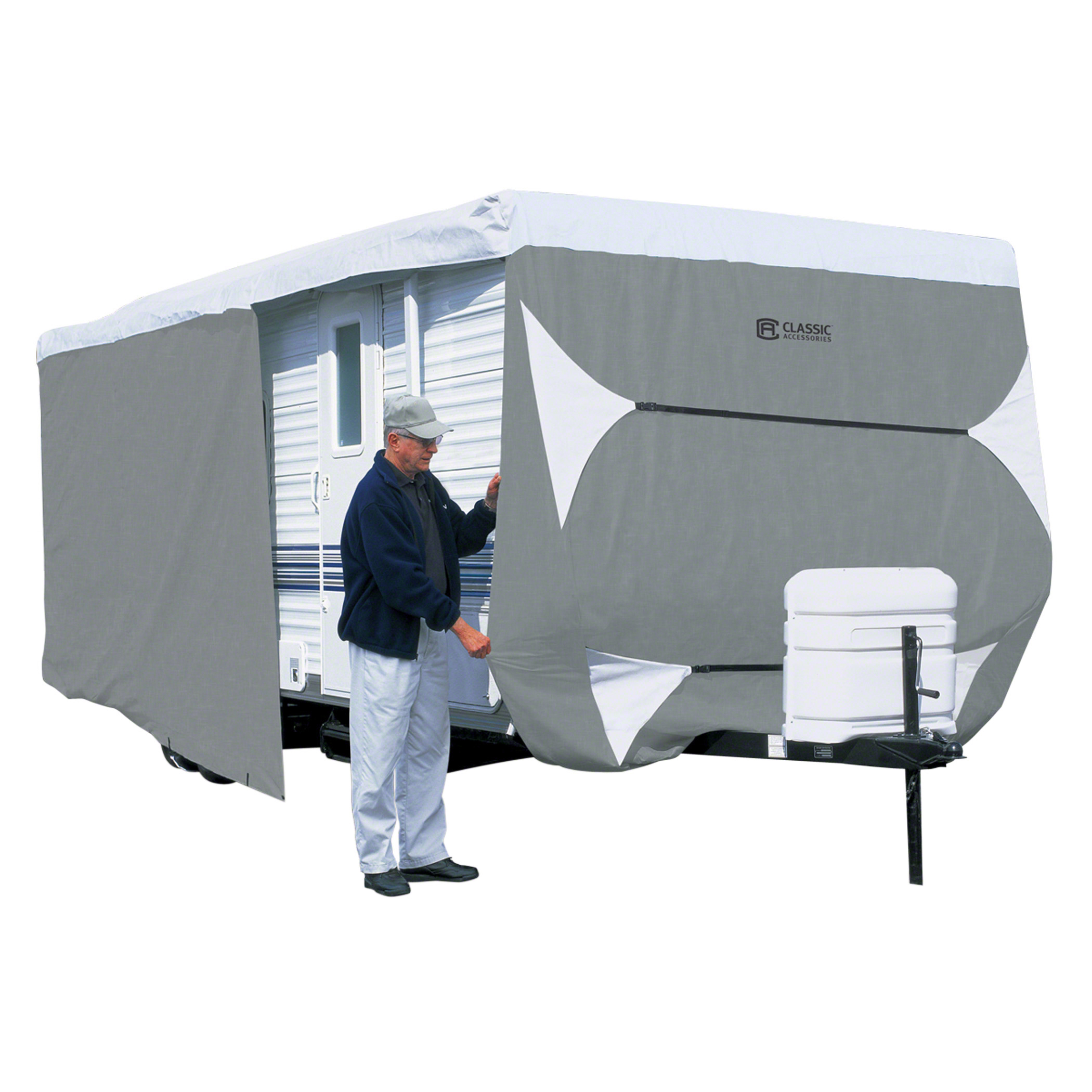 Classic Accessories OverDrive PolyPRO™ 3 Deluxe Travel Trailer Cover or Toy Hauler Cover, Fits 30' - 33' RVs - Max Weather Protection RV Cover, Grey/Snow White - image 1 of 13