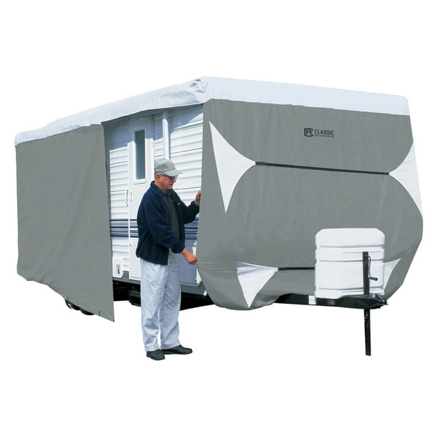 Classic Accessories OverDrive PolyPRO™ 3 Deluxe Travel Trailer Cover or Toy Hauler Cover, Fits 30' - 33' RVs - Max Weather Protection RV Cover, Grey/Snow White