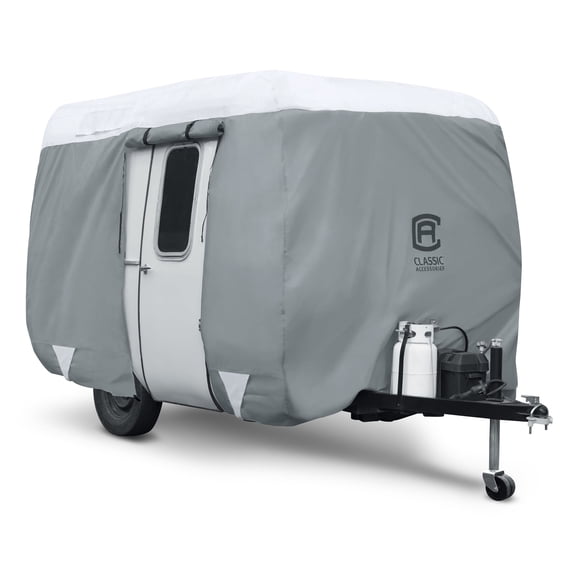 Classic Accessories OverDrive PolyPRO 3 Molded Fiberglass Travel Trailer Cover, Fits 8' - 10' Trailers - Max Weather Protection with 3-Ply Poly Fabric Roof RV Cover