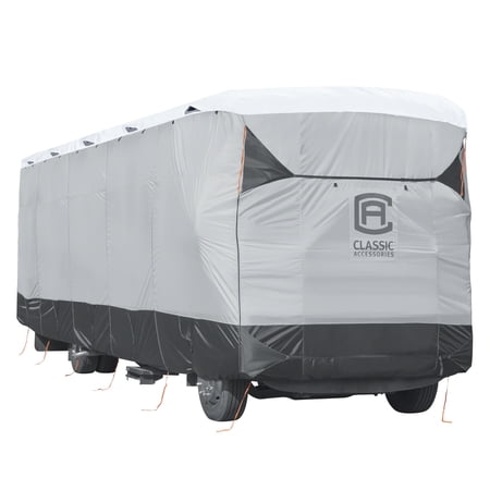 Classic Accessories OverDrive SkyShield™ Deluxe Tyvek® RV Class A Travel Trailer Cover, Fits 33' - 37' RVs - Water Repellent Tyvek® RV Cover, Black/Grey/Snow White