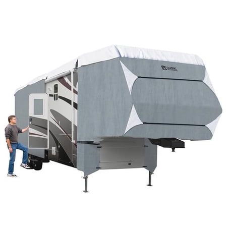 Classic Accessories PolyPro 3 Deluxe Cover 5th Wheel Trailers, Grey & White - Fits 33 - 37 ft.