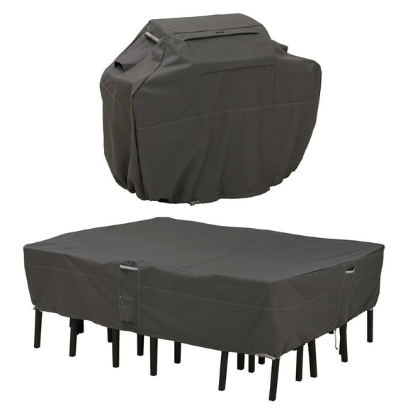 Classic Accessories Ravenna® Medium Grill Cover and Large Rectangular/Oval Patio Table & Chair Set Cover Bundle - Premium Outdoor Covers with Durable Water Resistant Fabric (55-927-035103-EC)