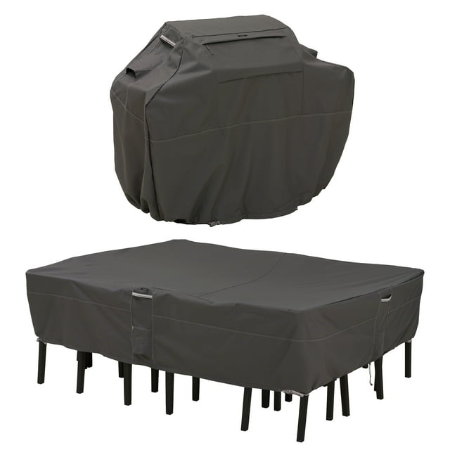 Classic Accessories Ravenna Water-Resistant 64 Inch BBQ Grill Cover and 108 Inch Rectangular/Oval Patio Table & Chair Set Cover Bundle