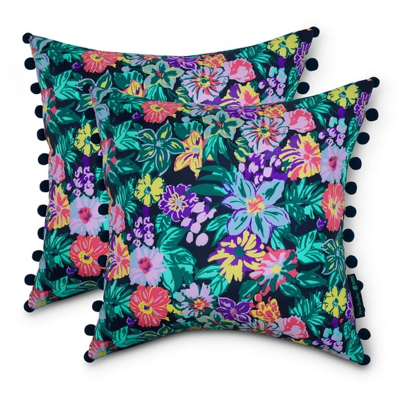 Classic Accessories Vera Bradley by Water-Resistant Accent Pillow with Poms, 18 x 18 x 8 Inch, 2 Pack