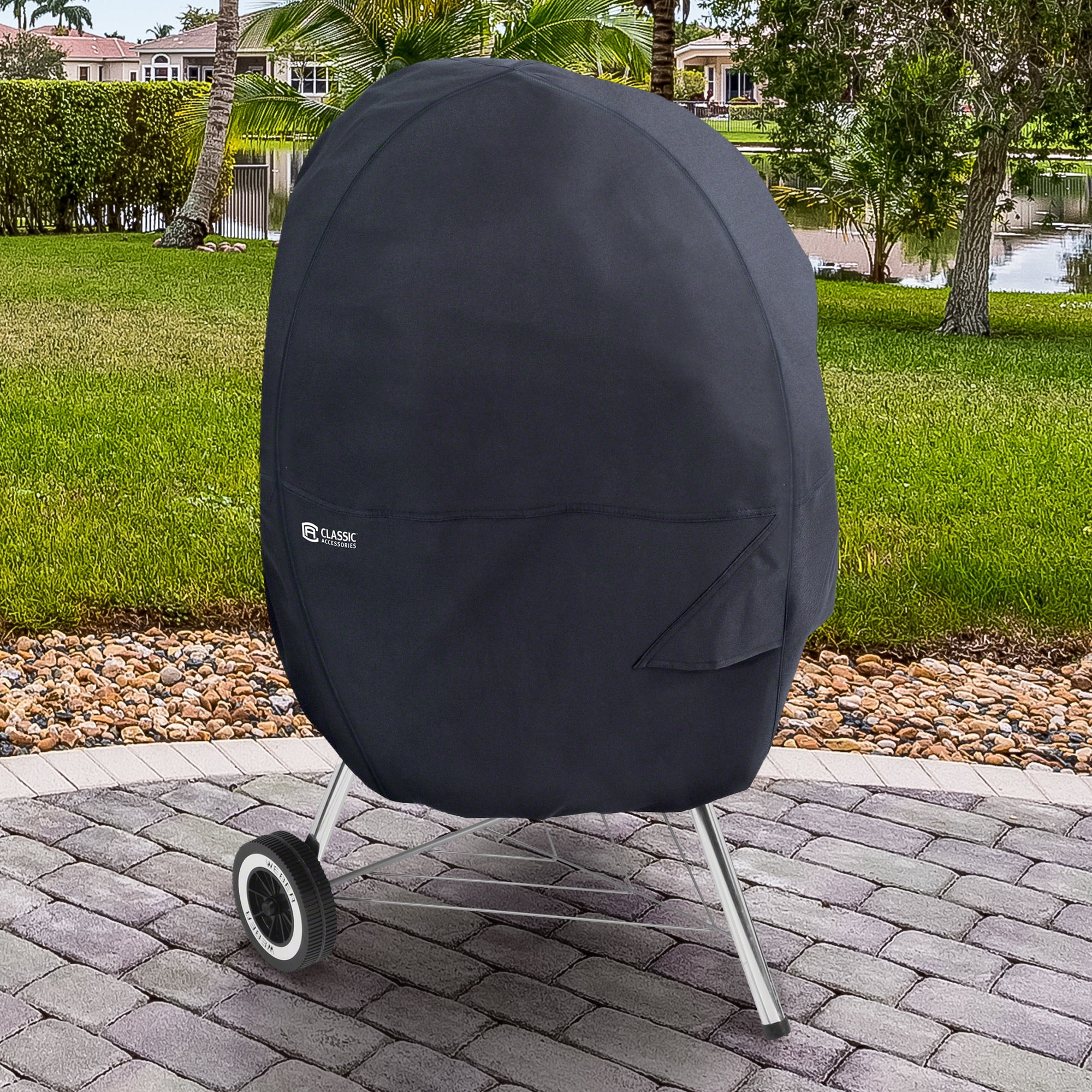30" Black Water-Resistant Kettle Grill Cover with Chimney
