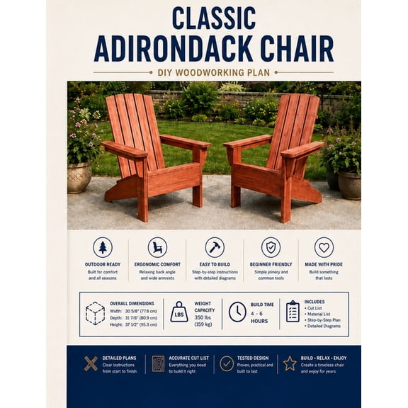 Classic Adirondack Chair: DIY Woodworking Plans with Cut List, Materials, Dimensions and Step-by-Step Instructions, (Paperback)