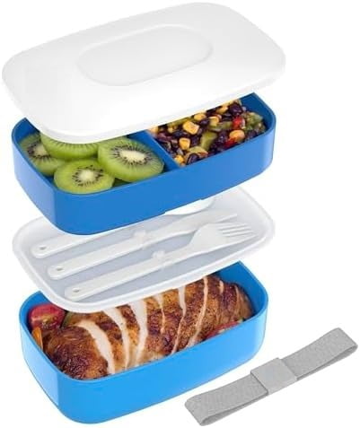 Classic - Adult Bento Box, Stackable 3-Compartment Lunch Box with Removable Utensil Set and Sealing Strap, BPA-Free, Food Container Ideal for Meal Prep, Work, and On the Go (Blue)
