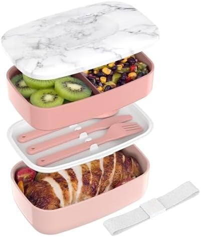 Classic - Adult Bento Box, Stackable 3-Compartment Lunch Box with Removable Utensil Set and Sealing Strap, BPA-Free, Food Container Ideal for Meal Prep, Work, and On the Go (Blush Marble)