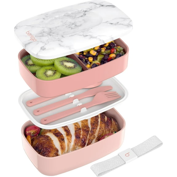 Classic - Adult Bento Box, Stackable 3-Compartment Lunch Box with Removable Utensil Set and Sealing Strap, BPA-Free, Food Container Ideal for Meal Prep, Work, and On the Go (Blush Marble)
