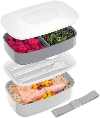 Classic - Adult Bento Box, Stackable 3-Compartment Lunch Box with Removable Utensil Set and Sealing Strap, BPA-Free, Food Container Ideal for Meal Prep, Work, and On the Go (Gray)