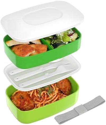 Classic - Adult Bento Box, Stackable 3-Compartment Lunch Box with Removable Utensil Set and Sealing Strap, BPA-Free, Food Container Ideal for Meal Prep, Work, and On the Go (Green)