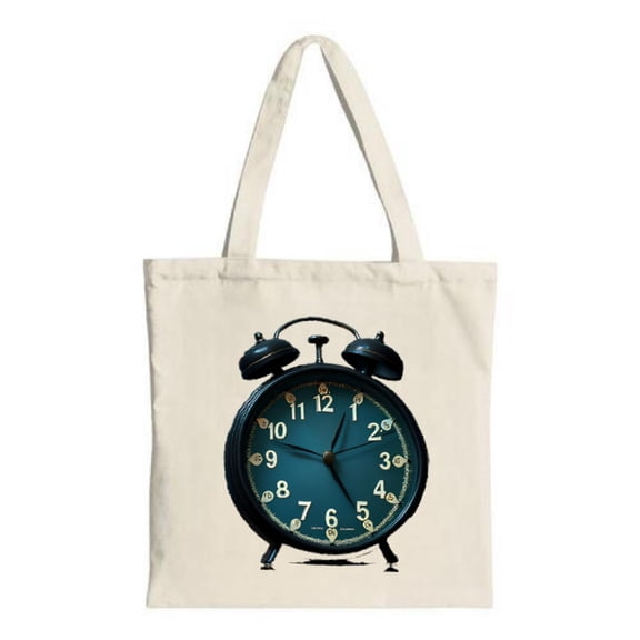Classic Alarm Clock Tote Bag - Dark Blue Face with White Numbers & Hands Stylish Canvas Bag for Shopping Travel & Parties