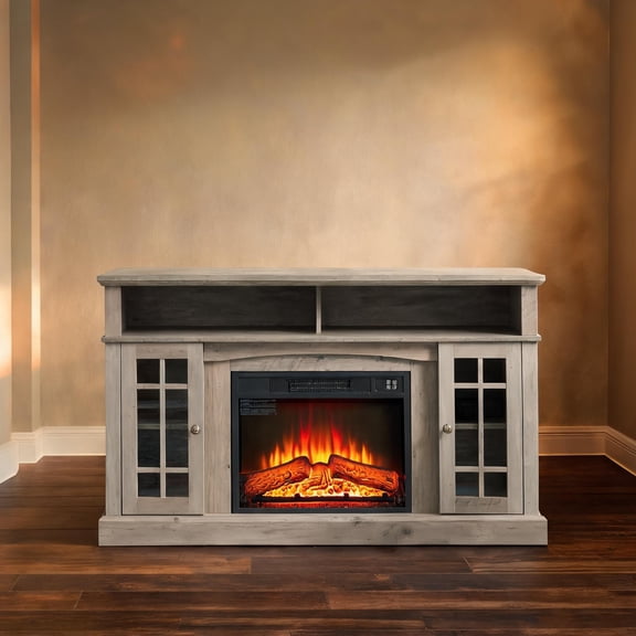 Classic American Media Console with Open Closed Storage and 23-Inch Fireplace, Fits 65-Inch TVs, Gray-Toned MDF