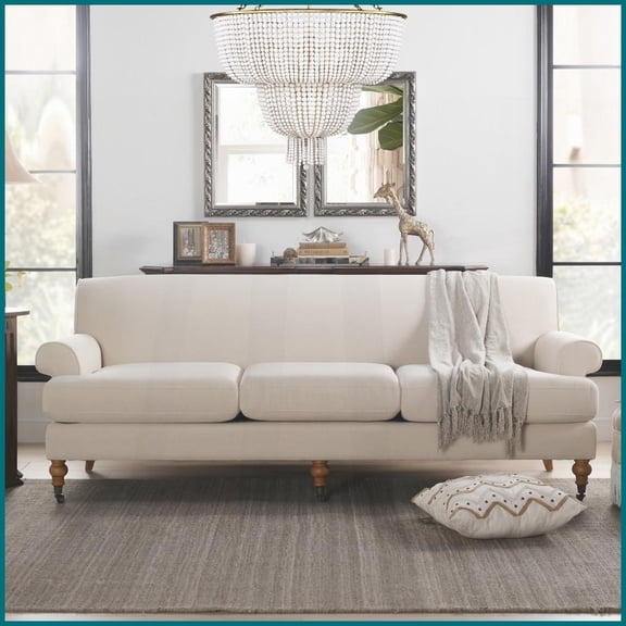 Classic American Three-Cushion Sofa Sky Neutral Beige Polyester with Sturdy Hardwood Frame & Removable Cushions for Living Room