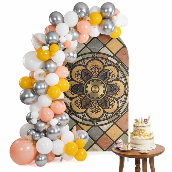 Classic Antique Dial Arch Backdrop Cover 7.2FT Industrial Gears Floral Bronze Spandex Fitted Arch Covers Stretchy Backdrop Decoration for Wedding Birthday Graduation Party