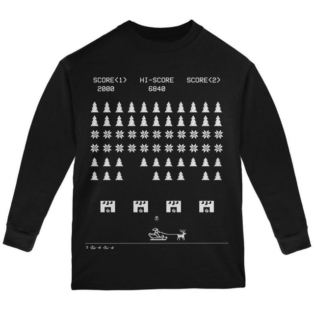 Classic Arcade Game Ugly XMAS Sweater Black Youth Long Sleeve T-Shirt - Youth Large