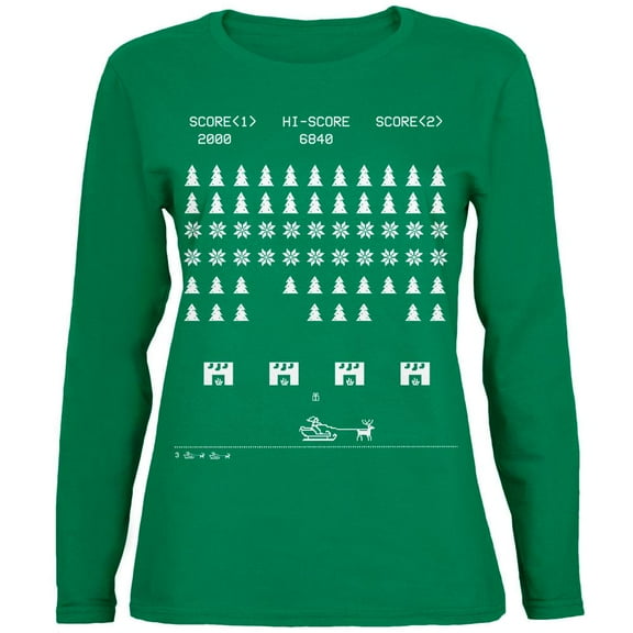 Classic Arcade Game Ugly XMAS Sweater Green Womens Long Sleeve T-Shirt - Small