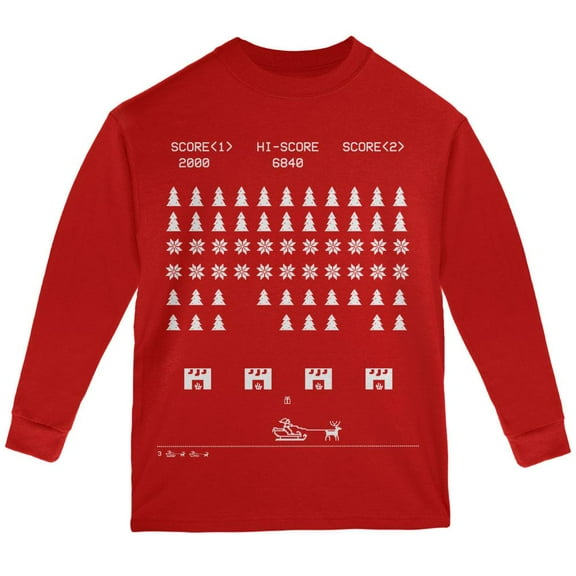 Classic Arcade Game Ugly XMAS Sweater Red Youth Long Sleeve T-Shirt - Youth Medium