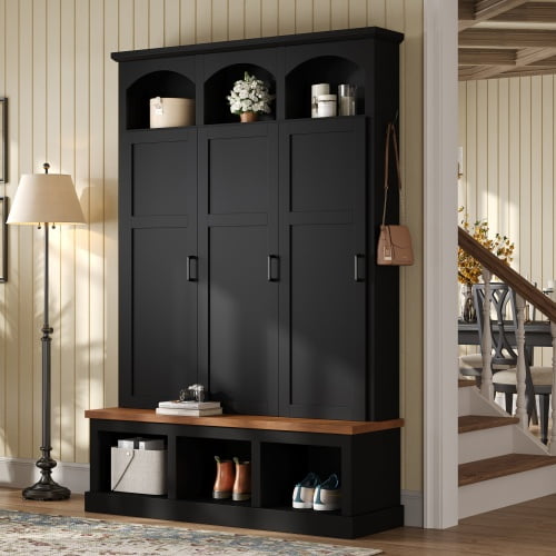 Classic Arched Design Hall Tree with 3 Hidden Storage, Farmhouse Mudroom with Walnut Bench, Mid-Century All-in-One Entryway Organizer with 5 Hooks for Hallway, Black