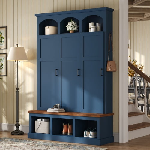 Classic Arched Design Hall Tree with 3 Hidden Storage, Farmhouse Mudroom with Walnut Bench, Mid-Century All-in-One Entryway Organizer with 5 Hooks for Hallway, Blue