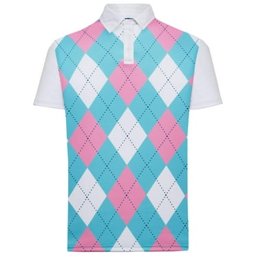 Classic Argyle Mens Golf Polo Shirt - Pink, Light Blue  White by ReadyGOLF