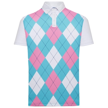 Classic Argyle Mens Golf Polo Shirt - Pink, Light Blue White by ReadyGOLF