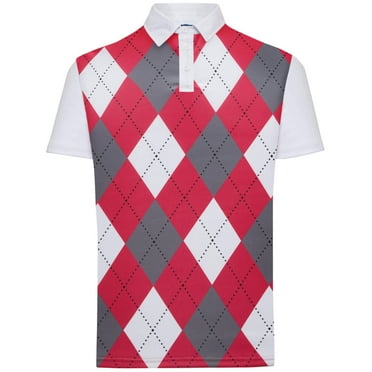 Classic Argyle Mens Golf Polo Shirt - Scarlet Red, Grey  White by ReadyGOLF
