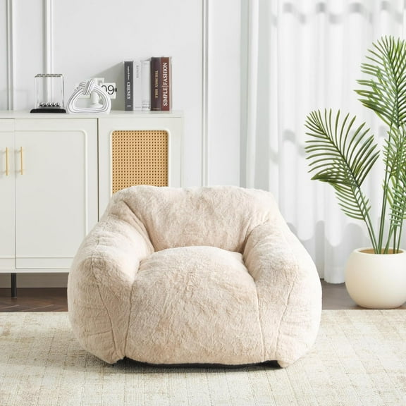 Classic Armchair Bean Bag with Faux-Fur & Ergonomic Support for Living Room, Beige