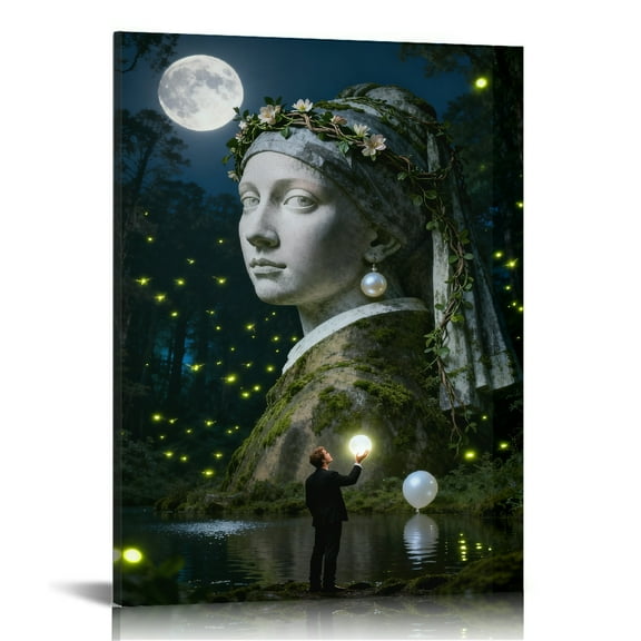 Classic Art Adaptation: Fantasy Forest Full Moon & Fireflies Girl with a Pearl Earring Printed Canvas Wall Art (Hidden Wooden Frame) - Art Decor for Living Room & Study