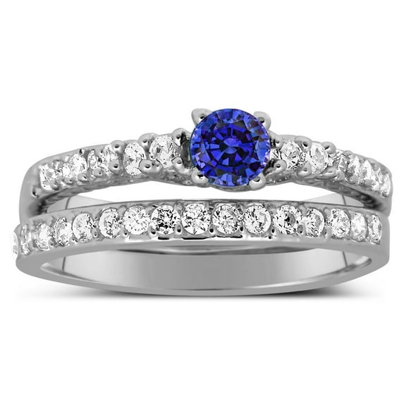 Classic Art Deco 1.50 Carat Vintage 6mm Round Cut Blue Sapphire Moissanite Diamond Wedding Ring Set in 10k White Gold