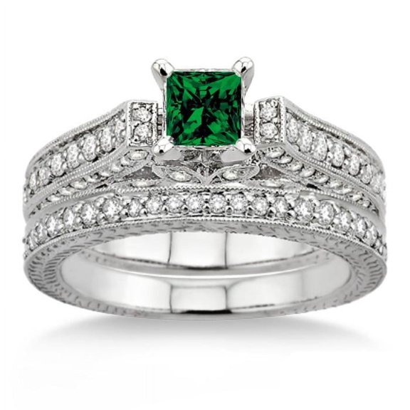 Classic Art Deco 2.75 Carat 6mm Princess Cut Antique Bridal Set Diamond Moissanite Engagement Ring on 10k White Gold