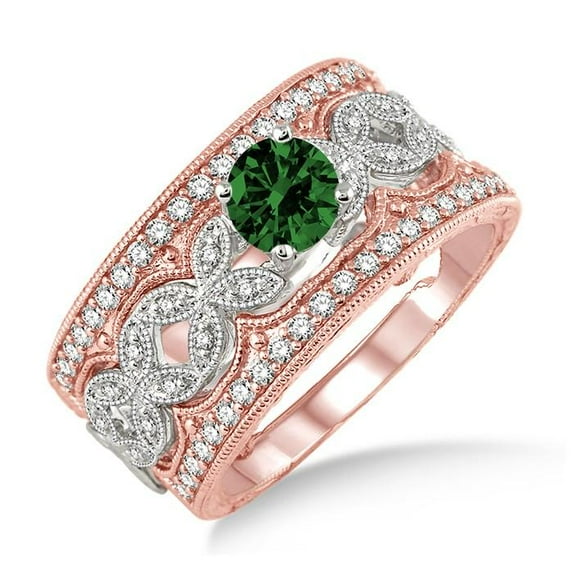 Classic Art Deco 2.75 Carat Green Emerald 6mm Round Cut Diamond Moissanite Antique Trio Bridal Set Engagement Ring on 10k Rose Gold
