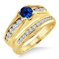 Classic Art Deco 2 Carat 6mm Round Cut Blue Sapphire And Moissanite Diamond Engagement Ring Bridal Set on 10k Yellow Gold