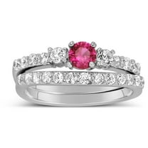 Classic Art Deco 2 Carat Round Shape Red Ruby Moissanite Diamond Wedding Ring Set in 10k White Gold