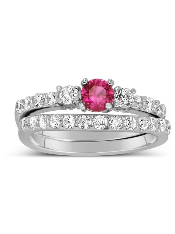 Classic Art Deco 2 Carat Round Shape Red Ruby Moissanite Diamond Wedding Ring Set in 10k White Gold