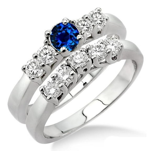 Classic Art Deco 6mm Round Cut 1.5 Carat Blue Sapphire And Moissanite Diamond Engagement Ring Five Stone Bridal Set on 10k White Gold