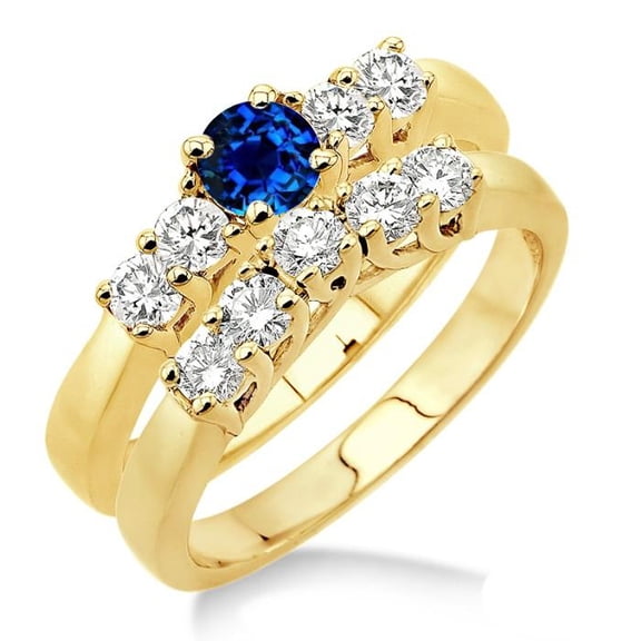 Classic Art Deco 6mm Round Cut 1.5 Carat Blue Sapphire And Moissanite Diamond Engagement Ring Five Stone Bridal Set on 10k Yellow Gold